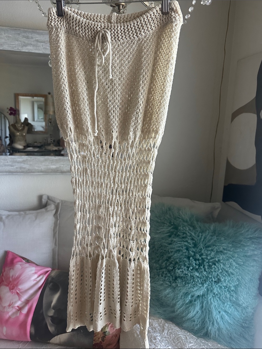 Cream Crochet Maxi Skirt with Drawstring Waist